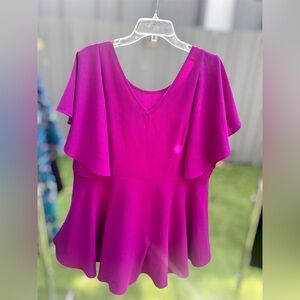 City Chic Flutter Sleeve Peplum Top - Magenta